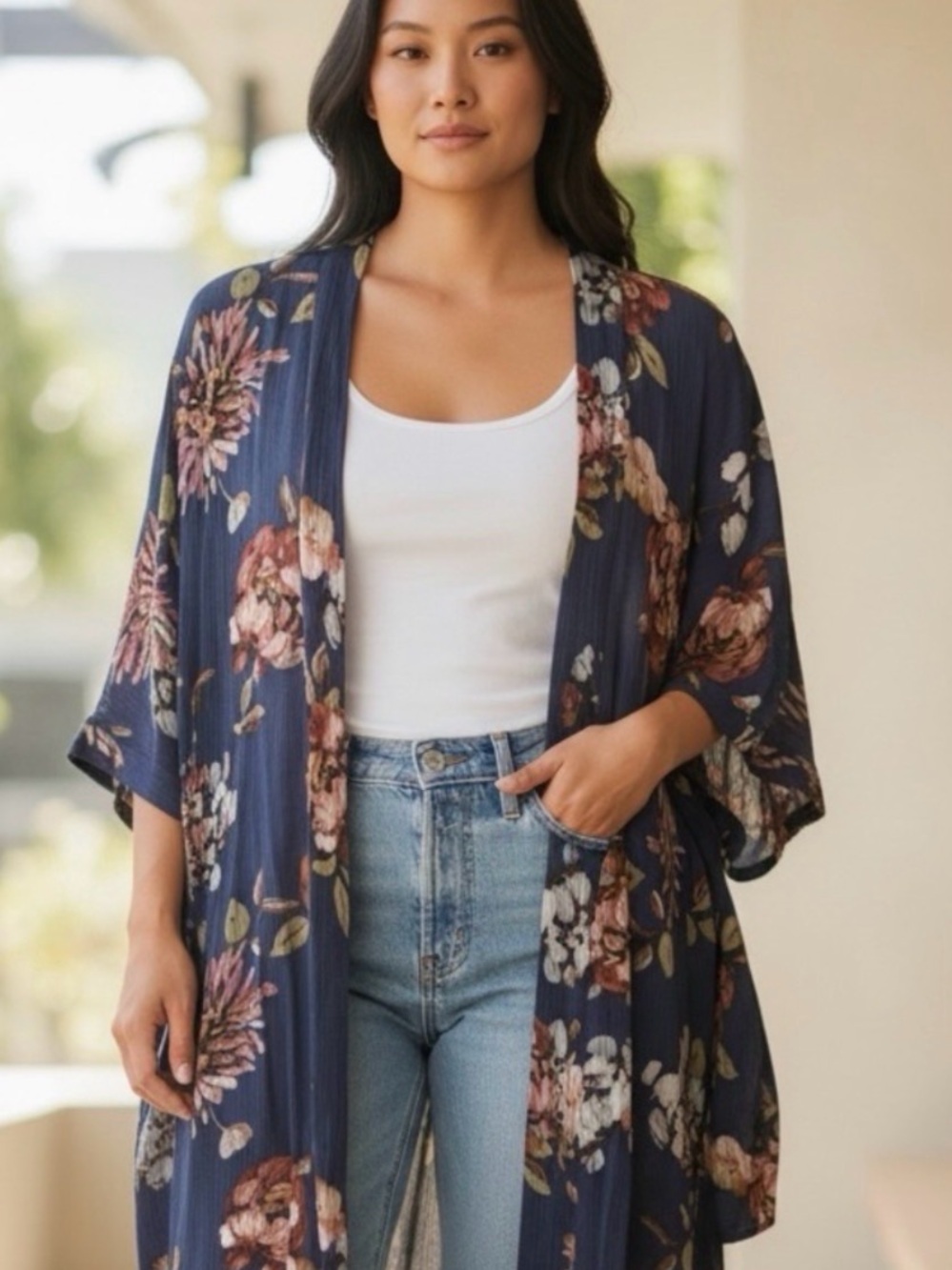 Pink Clover Navy Floral Kimono Duster size S